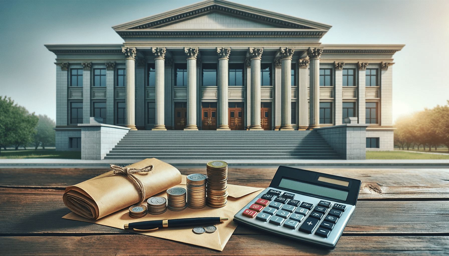 Photo of a courthouse exterior with large pillars and steps leading up to its entrance. In the foreground, there's a small table with a calculator, a few coins, and a sealed envelope, symbolizing the costs associated with the court.