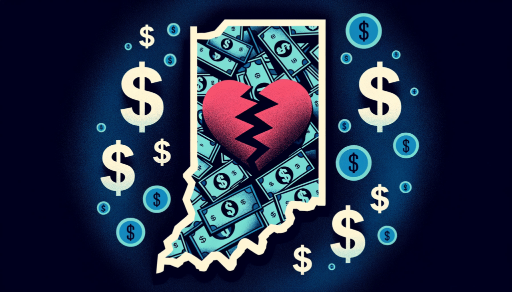 image of the state of Indiana with a broken heart and dollars and dollar signs