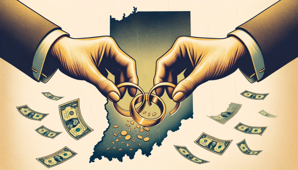 how much does a divorce cost in indiana - image of two hands holding broken wedding rings in front of the outline of the state of Indiana