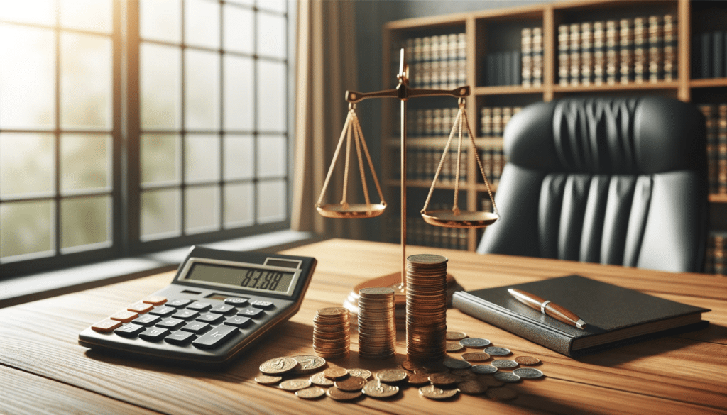 Photo of an office interior with a wooden desk. On the desk, there's a calculator displaying a number, multiple coins, and a small scale balance, representing the concept of legal costs and fairness.