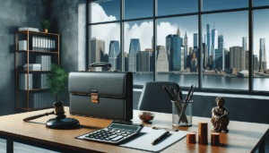 Photo of a modern office setting with large windows showcasing the New York City skyline. On a sleek desk, there's a briefcase, a calculator, and several coins, symbolizing the expenses associated with divorce lawyer fees.