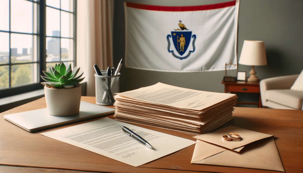 DIY divorce in MA. Photo of a home setting with a wooden desk. On the desk, there are multiple documents neatly stacked, a pen, a pair of wedding rings, and a sealed envelope. In the background, a Massachusetts state flag hangs on the wall, and a comforting indoor plant sits nearby.