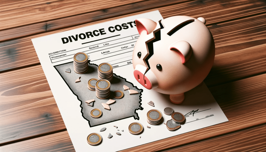how much does a divorce cost in ga - broken piggy bank on top of a paper that says divorce costs and has an outline of Georgia