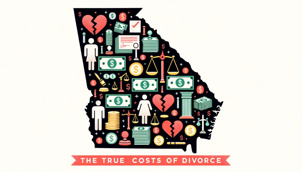 image in the shape of georgia with broken hearts, dollar signs, legal scales and money in it with the label, "the true costs of divorce"