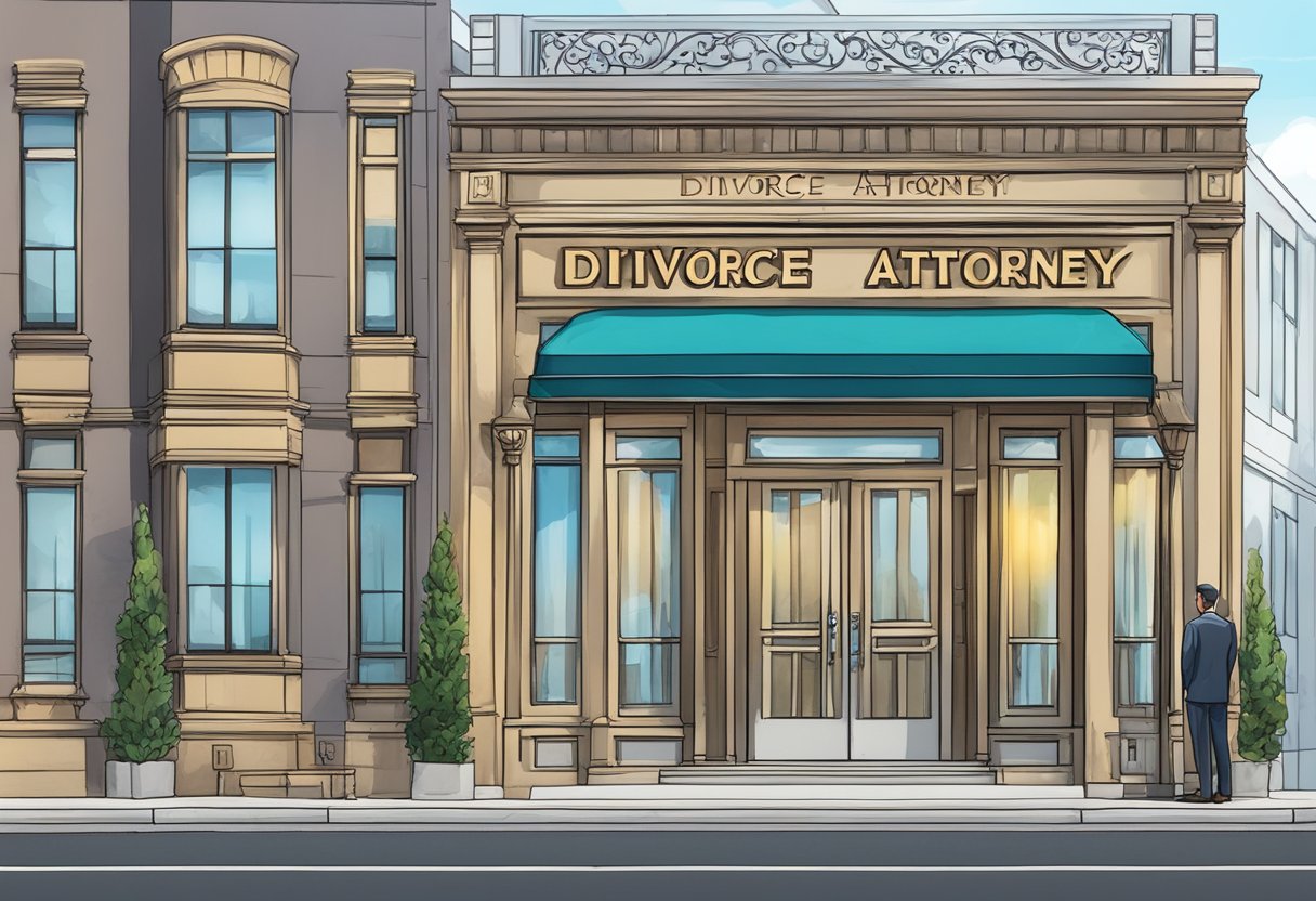 drawing of a city street with a storefront for a divorce attorney near me with a man standing out front
