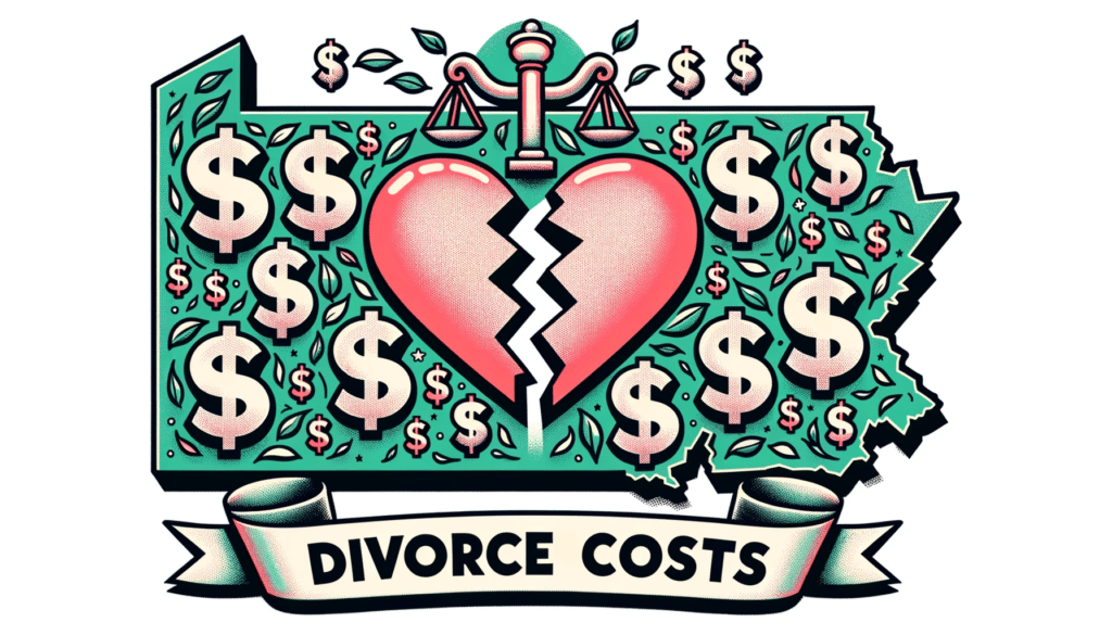 how much does a divorce cost in pa - shows drawing of state of Pennsylvania with broken heart, dollar signs and the words "divorce costs" at the bottom
