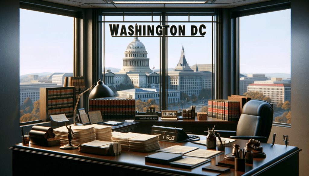 A photorealistic view of a court clerk's office in Washington DC, featuring a desk with legal documents, a visible filing fee schedule, and court items. The office has a window with a background view of Washington DC landmarks. 'Washington DC' is subtly integrated into the scene, adding to the office's authenticity.