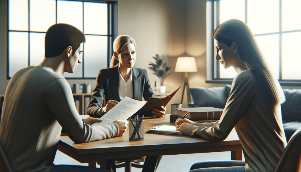 Photorealistic image of a divorce mediation session, featuring a mediator and a couple at a table in a professional setting. The mediator is showing paperwork to the couple, symbolizing collaboration and communication.