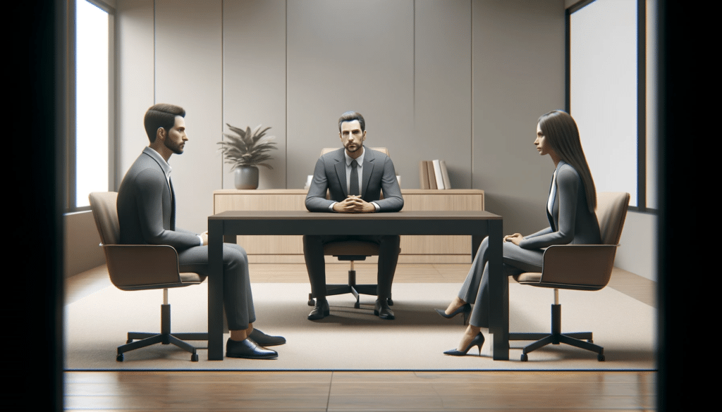  photorealistic image showing a divorce mediation session. A mediator sits at a table, positioned between a separating couple who are seated on opposite sides. The setting is a calm and neutral conference room, emphasizing a professional atmosphere. The mediator appears professional and empathetic, facilitating a serious conversation between the couple. Their expressions convey contemplation and the gravity of the situation. The room's minimal decorations focus the viewer's attention on the interaction at the table.