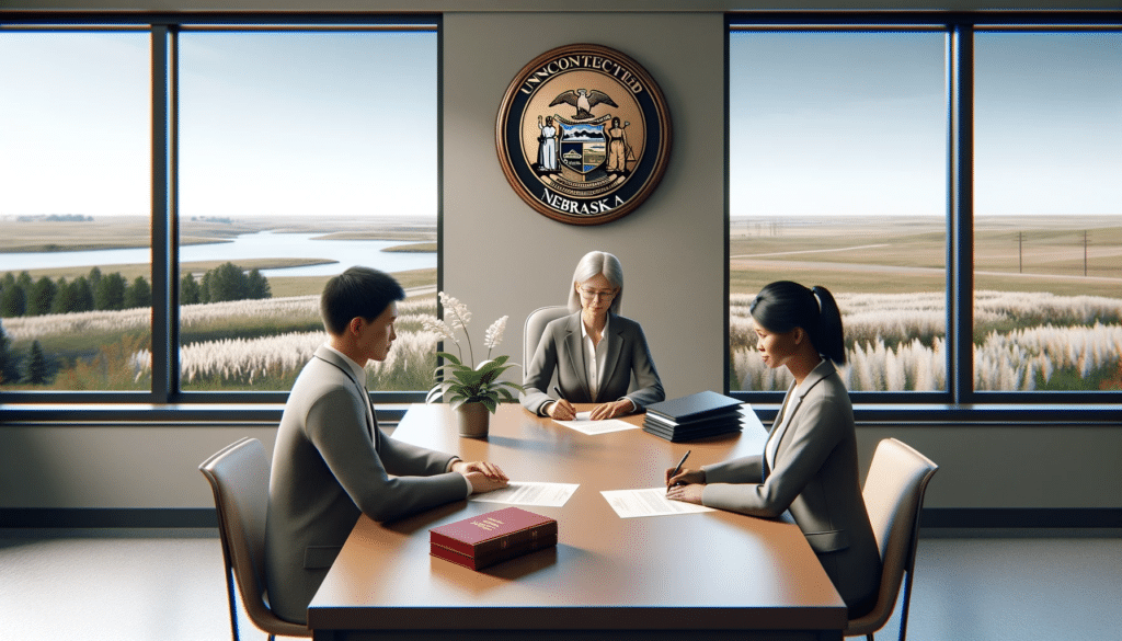 A photorealistic image depicting an uncontested divorce in Nebraska. The setting is a neutral and professional mediation room with a large window showing a peaceful Nebraska landscape. 