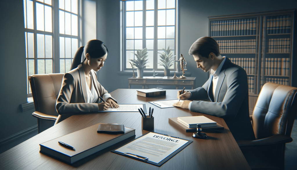 Photorealistic image of a peaceful uncontested divorce scene, featuring a female and a male amicably signing papers in a serene office environment.