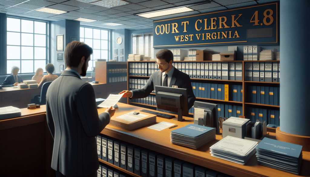  A photorealistic image of a court clerk office in West Virginia. The scene shows a person handing over paperwork to a clerk at a service counter. The office is well-equipped with shelves of files, a computer, and official notices, reflecting a busy yet professional atmosphere. "West Virginia" is subtly included in the scene, enhancing the state-specific context.