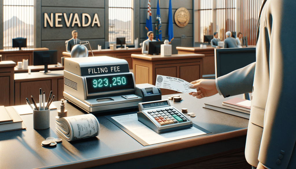 A realistic depiction of a person at a courthouse in Nevada, paying the filing fee. The scene includes a courthouse counter, legal documents, a cash register, and a receipt being printed. Elements of Nevada's unique character are subtly present in the background. 