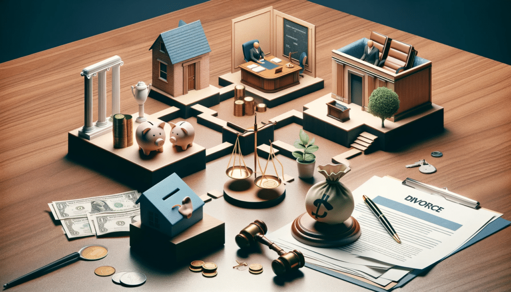 A photorealistic depiction of elements impacting divorce expenses: a courtroom symbolizing legal battles, a family home representing property division, a piggy bank indicating financial stakes, a child's toy reflecting custody considerations, and scattered legal papers. These elements are artistically arranged to convey the multifaceted nature of divorce costs in Washington DC