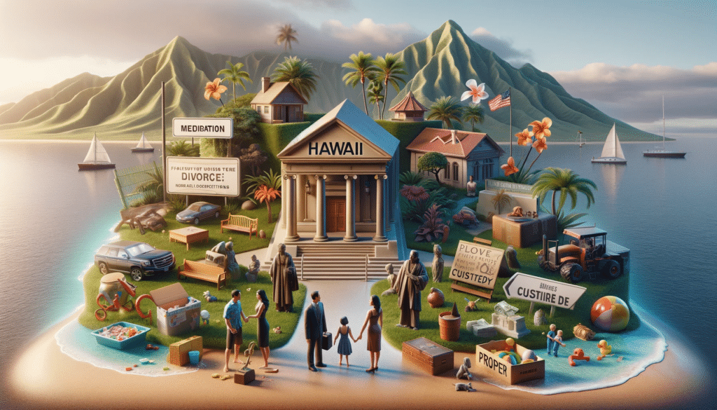 A Hawaiian landscape incorporating symbols of legal proceedings, mediation, and family matters, reflecting the multiple factors influencing divorce costs in Hawaii.