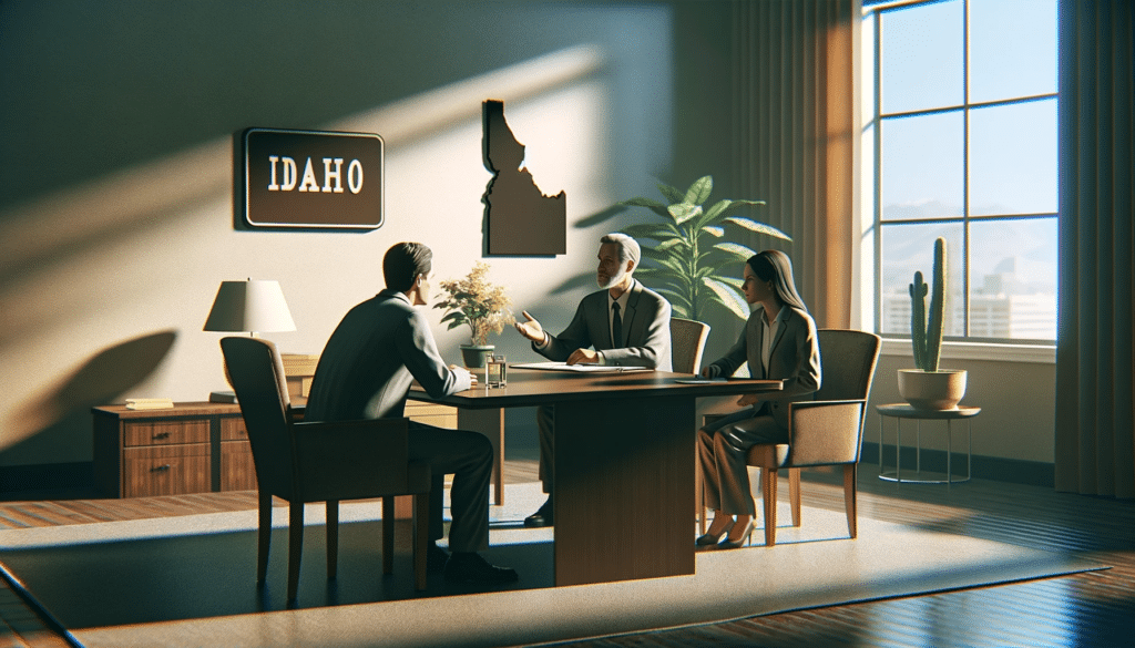 A photorealistic depiction of a divorce mediation session in Idaho. It features a mediator and a couple at a mediation table in a neutral, professional room, subtly marked with Idaho elements like a state map. The image captures the collaborative spirit of the mediation process.