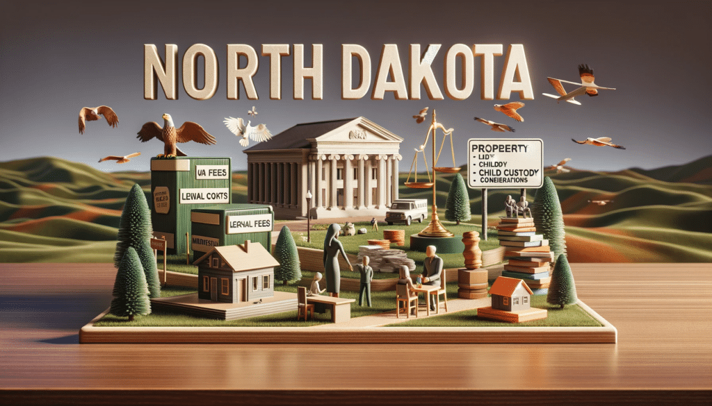 A North Dakota landscape featuring symbolic representations of divorce cost factors, including a courthouse, mediation scene, and family assets, all underlining the complexity of divorce expenses.