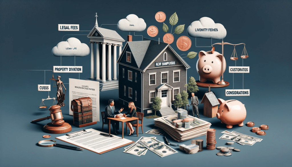 A photorealistic depiction showcasing various factors influencing divorce costs in New Hampshire, including a courthouse, legal paperwork, a family home, a couple in mediation, and financial symbols like bank notes and a piggy bank, representing the diverse aspects that contribute to the financial dynamics of divorce.