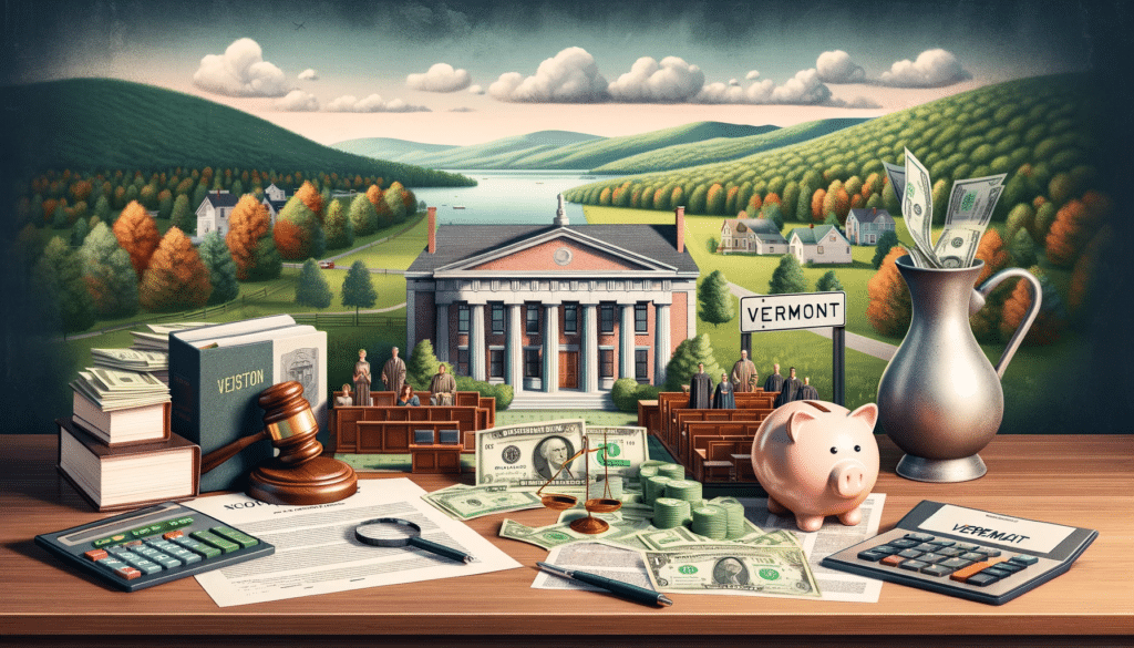 A detailed image showing the complexities of divorce costs in Vermont, featuring legal papers, a calculator, a piggy bank, and a beautiful Vermont backdrop.