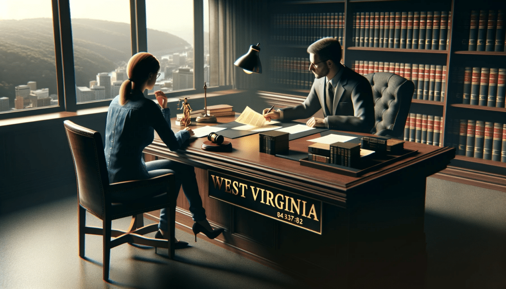 A photorealistic image showing a woman in a lawyer's office, discussing how much a divorce costs in West Virginia. The professional setting includes a desk, chairs, legal books, and a window overlooking a cityscape. 
