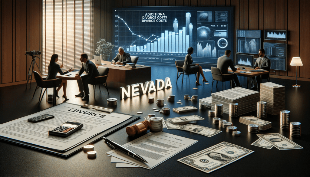 A photorealistic image showing various elements representing extra costs in a divorce in Nevada. It features a mediator discussing with a couple, financial advisors examining documents, a pile of bills, and a screen with a cost graph. The scene is set in a modern, professional environment.