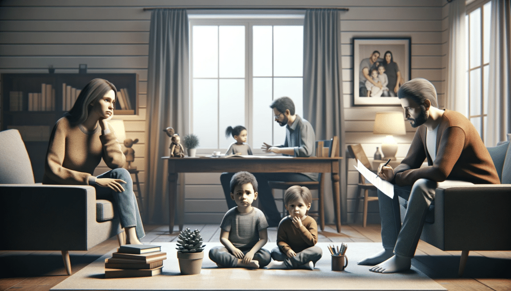 Photorealistic depiction of a family experiencing divorce, with children involved. The image captures a range of emotions, from uncertainty to hope, in a setting that could be a family home or mediation room, adorned with family photos and children's toys, highlighting the emotional layers of divorce in a family setting.