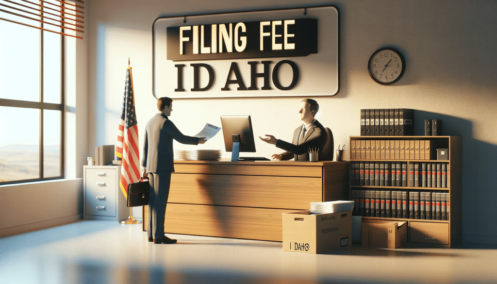 A photorealistic depiction of a court clerk's office in Idaho, where a person is handing over a document to a clerk, symbolizing the payment of a filing fee. The office is modern, with a desk, computer, and documents, subtly adorned with symbols of Idaho, like a state flag.