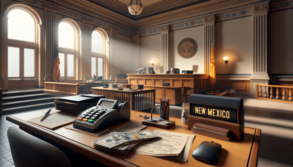 A photorealistic image depicting a scene inside a courthouse in New Mexico, with a focus on a clerk's desk, legal documents, and a transaction for a filing fee, set amidst architecture characteristic of New Mexico.