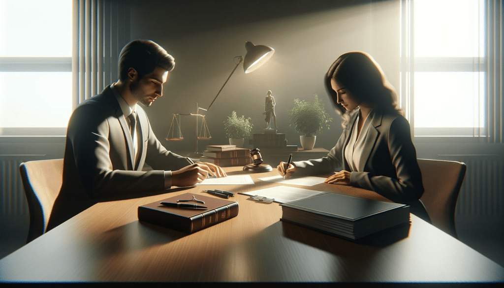 A photorealistic image showing a couple signing divorce papers in a peaceful, respectful setting, like a lawyer's office. The atmosphere is calm and cooperative, highlighting the essence of an uncontested divorce where both parties agree without conflict.