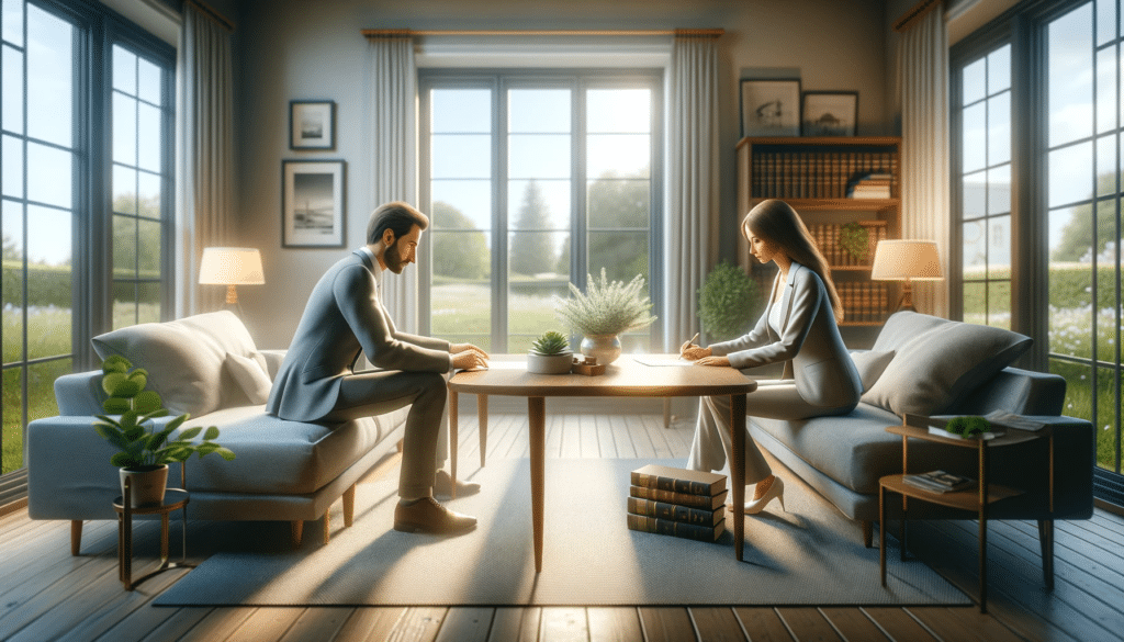 A photorealistic image showing a couple in a peaceful setting, signing documents for an uncontested divorce in Wyoming. They are in a relaxed environment, possibly a lawyer's office or a home, symbolizing cooperation and agreement. The room has a calm and comfortable decor, with a window revealing a serene outdoor scene, reflecting the tranquil and harmonious nature of an uncontested divorce.