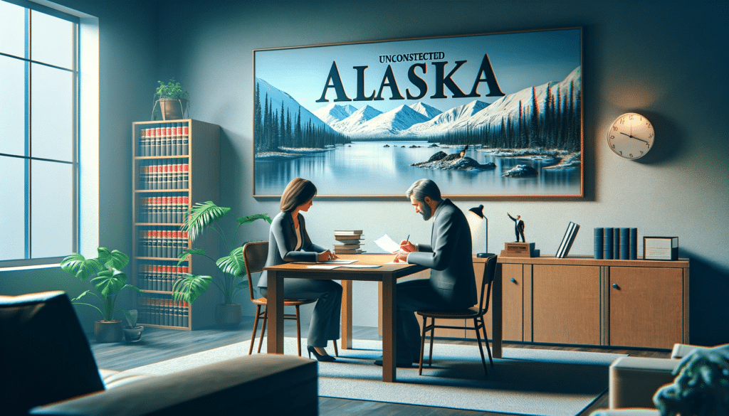Photorealistic image depicting an uncontested divorce in Alaska. A couple is peacefully signing papers in a professional setting, with Alaskan scenery subtly in the background. 