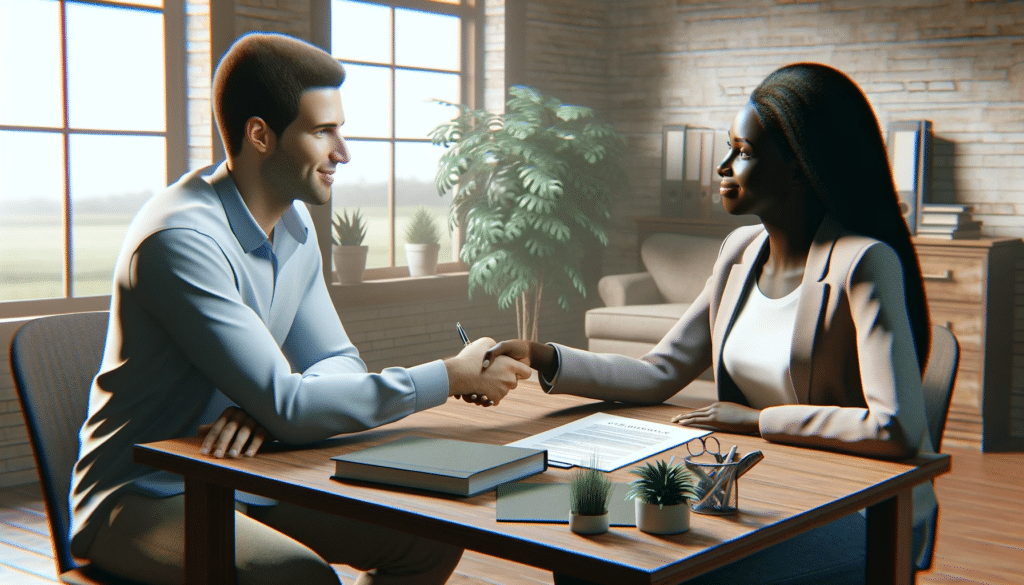 A photorealistic depiction of an uncontested divorce, featuring a divorcing couple in a calm, cooperative setting. They sit together at a table with minimal paperwork, displaying amicability and mutual understanding, symbolizing the peaceful nature of their agreement.