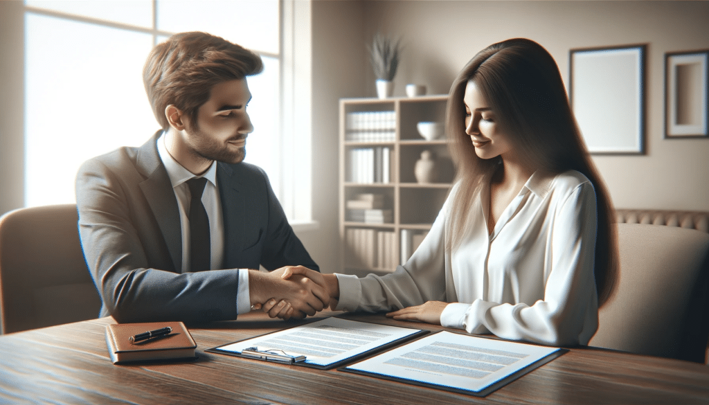 Photorealistic image of an uncontested divorce, showing a couple in a serene and cooperative setting. They are either shaking hands or signing documents in a lawyer's office, with an atmosphere of mutual agreement and contentment, surrounded by minimalistic decor and legal paperwork.