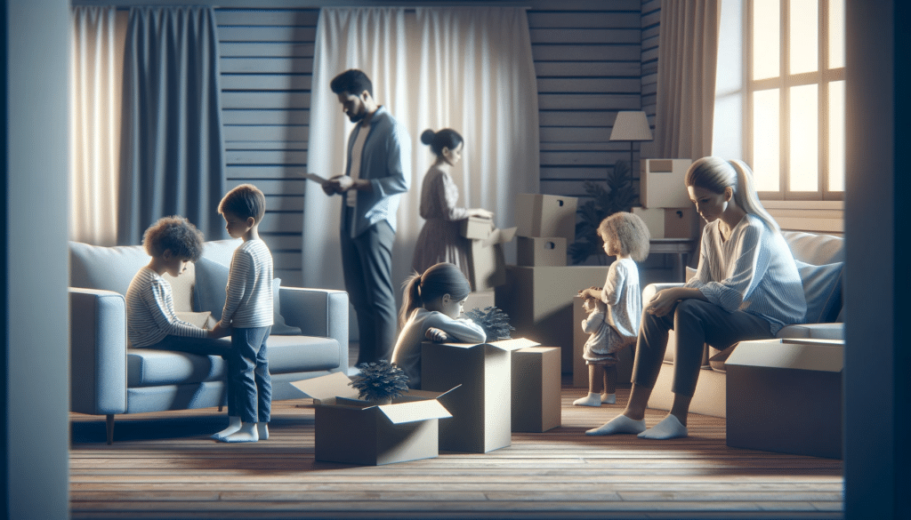 A photorealistic image capturing a family with children in a divorce scenario. The setting is a living room with packed boxes, symbolizing transition. The parents are shown displaying care and concern for their children's well-being, emphasizing the emotional comfort of the children during this complex and sensitive period.