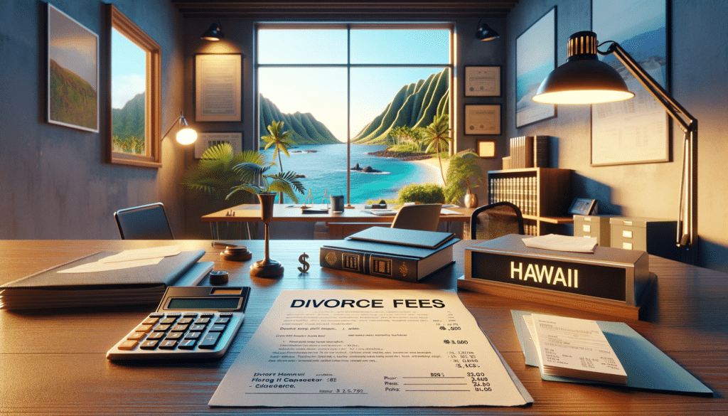 An office scene representing a divorce lawyer's work in Hawaii, with legal documents, a calculator, and Hawaiian-themed decor, symbolizing the financial aspect of divorce law.