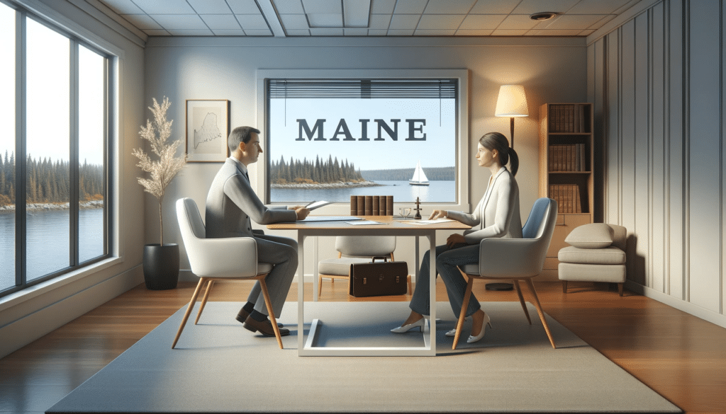 A photorealistic image of a divorce mediation session in a Maine setting. The scene features a mediator and a couple seated at a table with documents, in a calm and neutral room adorned with subtle Maine-themed decorations and a window view of Maine's landscape.