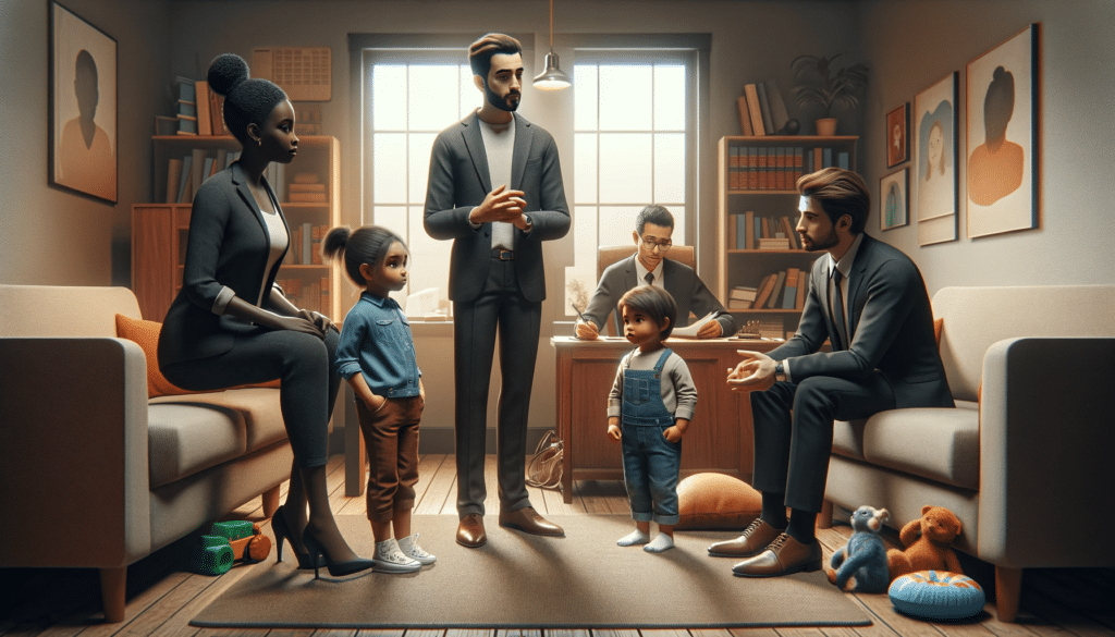 Photorealistic image of a sensitive divorce scene in a family lawyer's office, showing a diverse family with two children and a male lawyer, in a comforting, child-friendly environment.