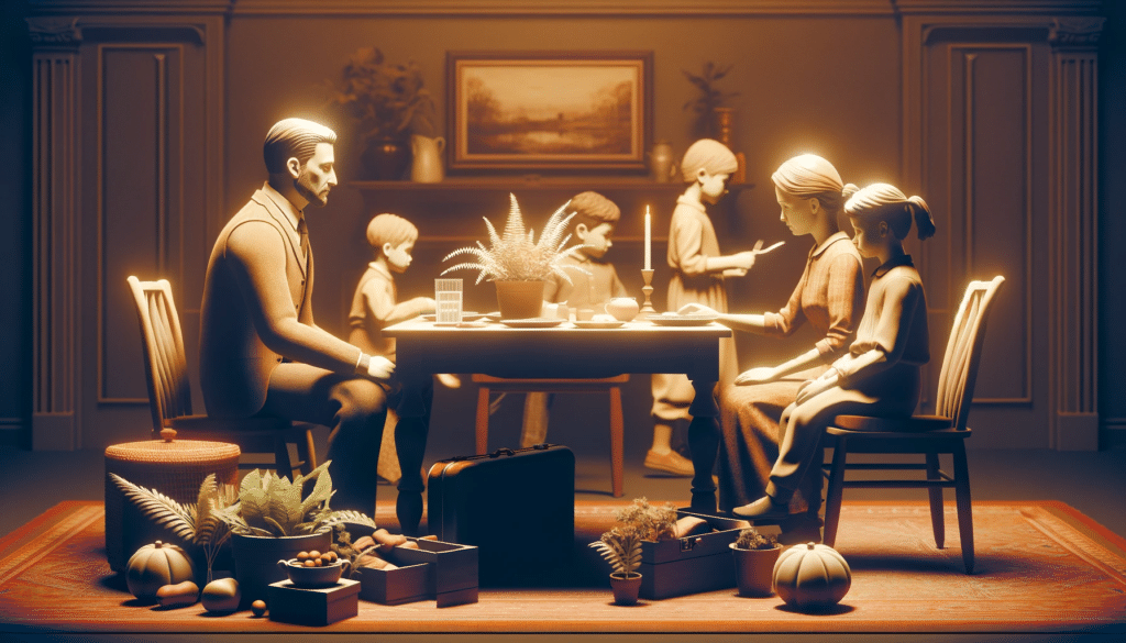 Photorealistic image portraying a family in a divorce scenario with children, sensitively showing a couple and their children in a moment of transition, highlighting the emotional and family dynamics without conflict.