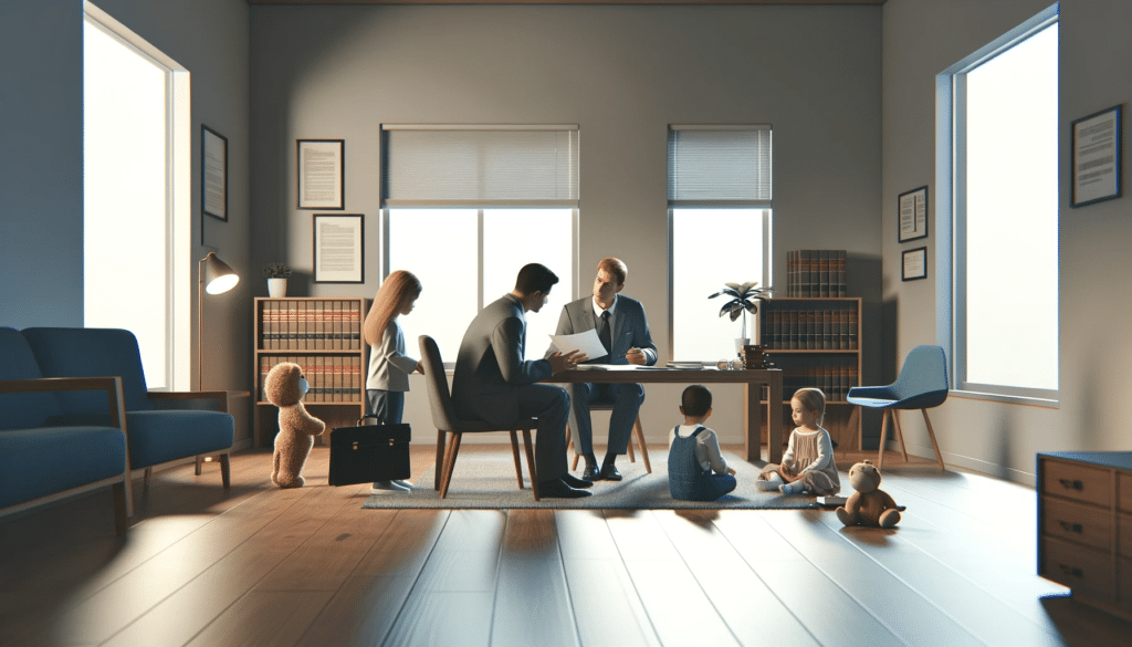A photorealistic image of a family in a legal setting, depicting a divorce scenario with children. The parents are engaged in a discussion over paperwork with a lawyer or mediator, while children are nearby, engaged in quiet activities. The room balances a professional legal environment with subtle child-friendly elements.