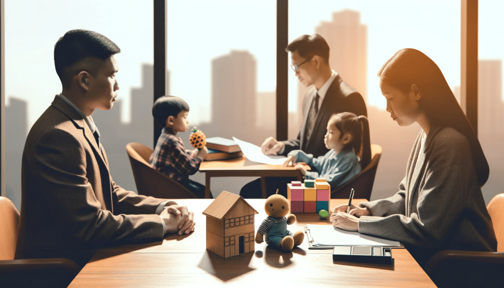 A photo-realistic image showing a family in a mediator's office during a divorce, with a couple in discussion and children quietly engaged in activities, depicting the careful consideration of children's well-being in such situations.