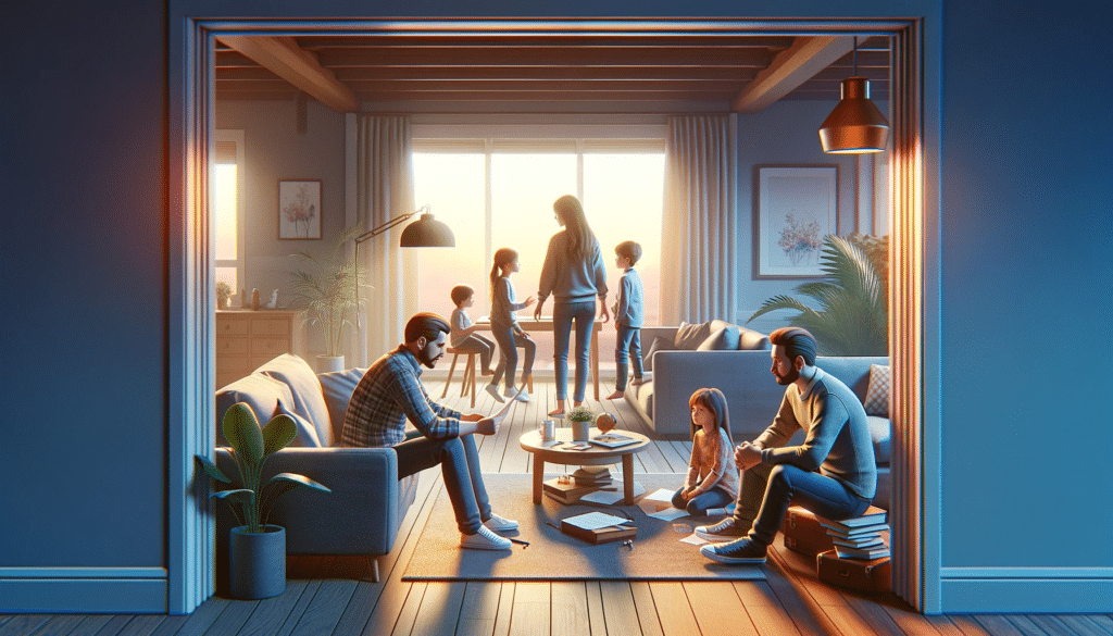 A photorealistic image showing a family in a divorce setting, emphasizing children. It portrays a respectful, sensitive atmosphere with parents and children engaged in a calm activity, suggesting co-parenting. The setting, either a living room or a park, highlights the importance of focusing on children's needs and maintaining a supportive environment during this transition.