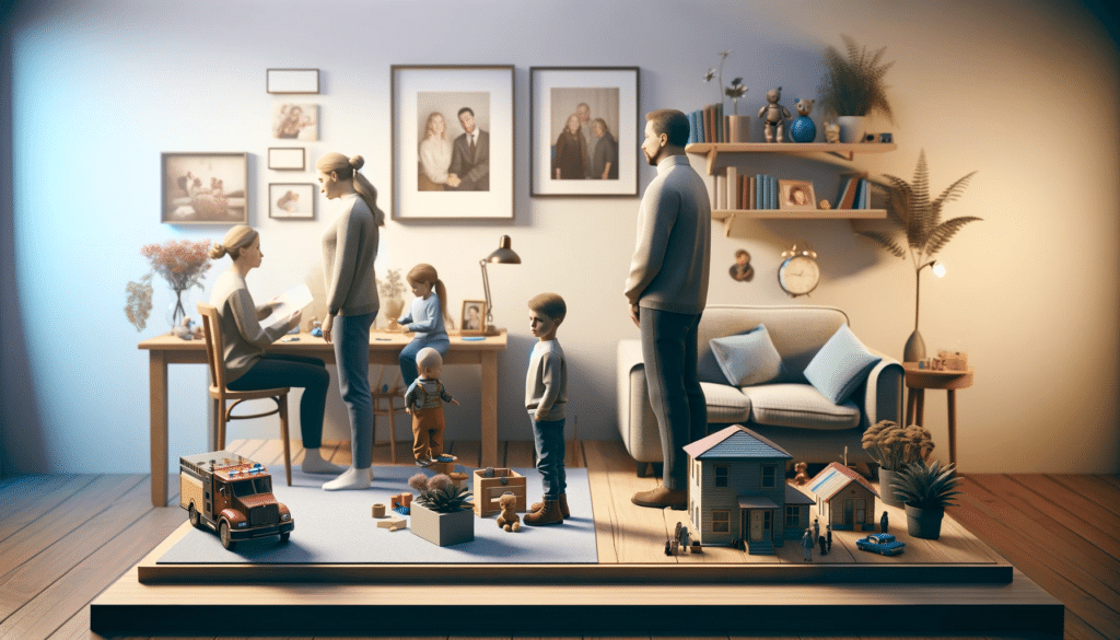 A photorealistic image showing a family setting with a couple and their children, capturing the emotional and complex nature of a divorce involving children. The respectful and sensitive environment includes family photos, toys, and a home setting, reflecting the family's journey through this significant transition.