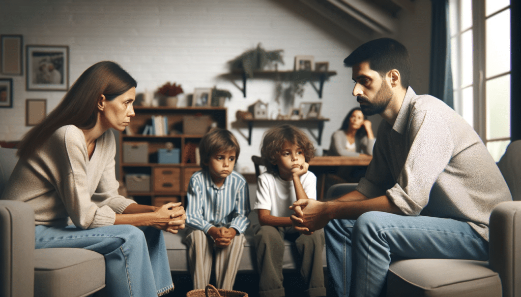 A photorealistic image showing a family in a domestic setting during a divorce scenario involving children. The scene captures a couple and their children engaged in a serious conversation in a living room. The parents appear contemplative and caring, while the children are attentive. The room is comfortably furnished, with family photos and toys, symbolizing a family home. The image focuses on the family dynamics and the emotional nuances of the situation.