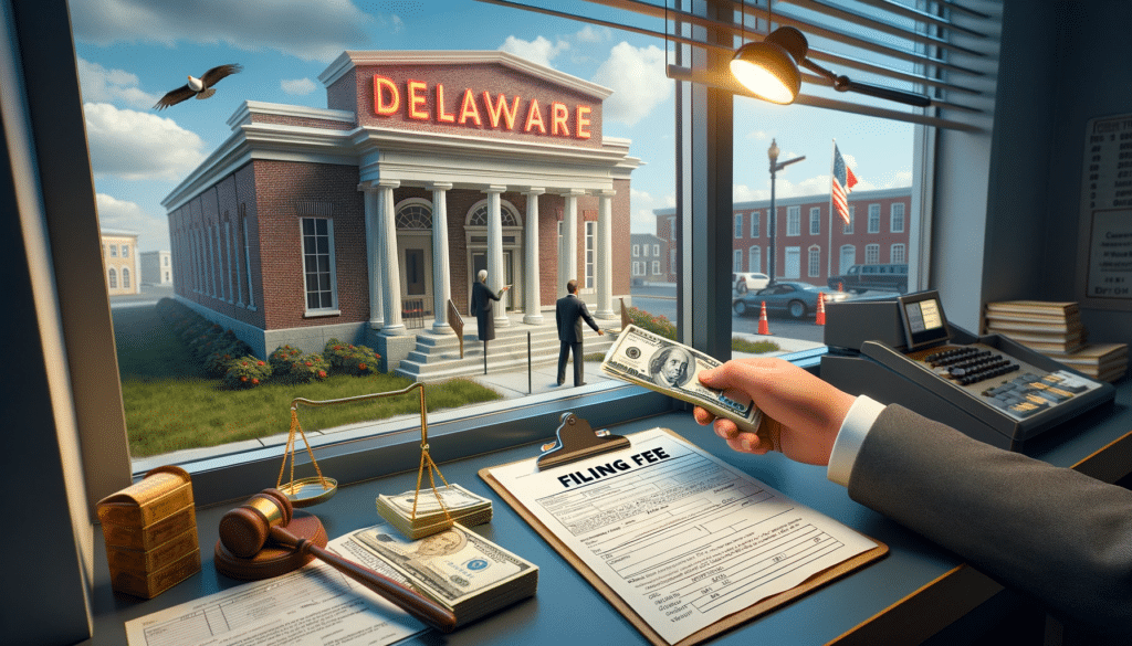 hoto-realistic depiction of a person paying a filing fee at a courthouse in Delaware. The scene includes a court clerk receiving cash at a payment window and legal documents on the counter.