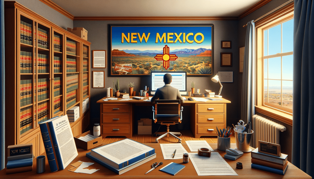 Photorealistic image showing a person in a home office in New Mexico, with legal documents, books, and a computer, subtly incorporating New Mexican culture and landscapes.