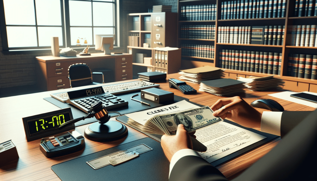 A photorealistic depiction of a court clerk's office in New Hampshire, capturing the moment of a filing fee transaction. The scene includes a desk with legal documents, a cash exchange, and the typical elements of a clerk's office, such as a computer and file cabinets.
