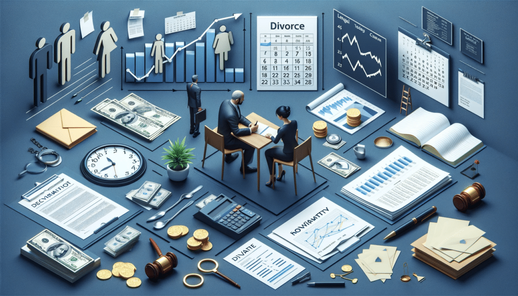 A photorealistic depiction of various factors influencing the cost of a divorce in RI, including a couple consulting with a lawyer, a complex financial chart, a calendar marked with numerous dates, and a mix of legal documents. The image captures the multifaceted nature of divorce costs, highlighting legal, financial, and time considerations.