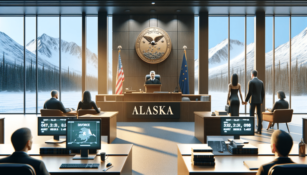 Photorealistic image of a courtroom in Alaska during a divorce proceeding, featuring a judge, a couple with their lawyers, and a backdrop of snowy mountains visible through large windows. 