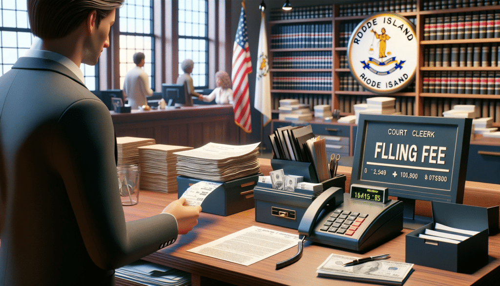 Photorealistic depiction of a court clerk's office in Rhode Island, capturing a moment of a person paying a filing fee. The scene includes legal documents, a cash register, and a receipt exchange, set against a backdrop subtly featuring Rhode Island's flag, illustrating the administrative side of legal proceedings.