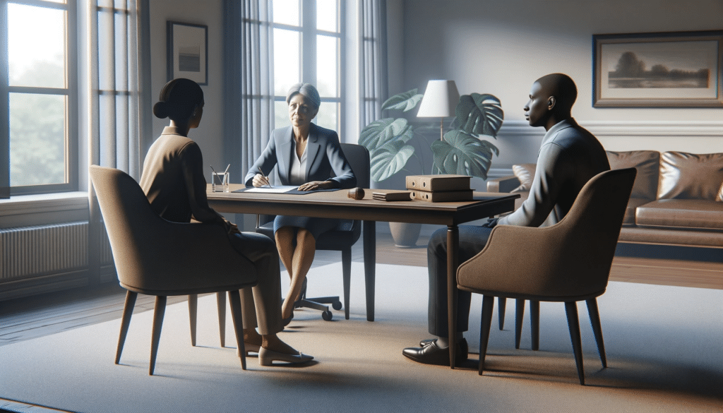 A photorealistic image of a divorce mediation session, showing a mediator and a couple in a neutral, professional setting. 